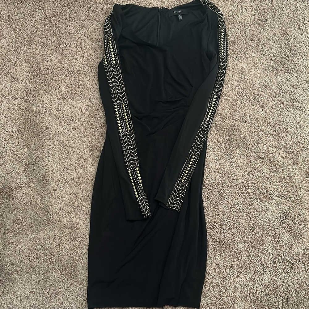 Lightly worn black Guess dress with gold embellishments on the sleeves size 2